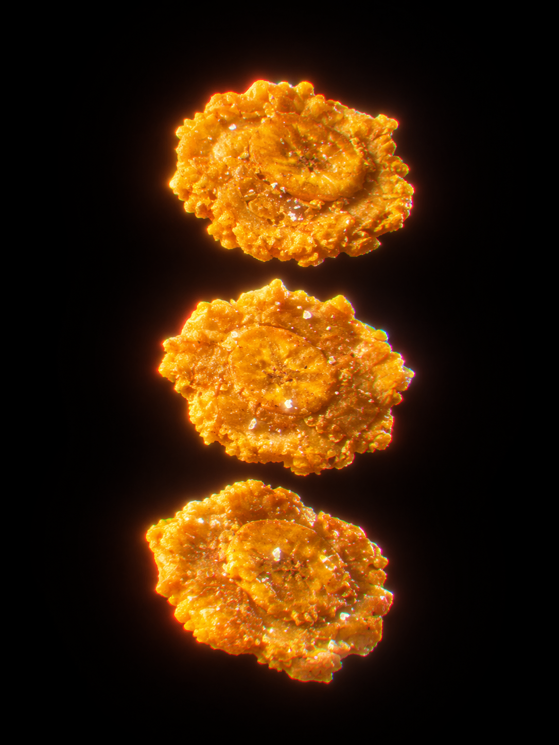 Tostones rendered as glowing relics on black, three repeating vertically