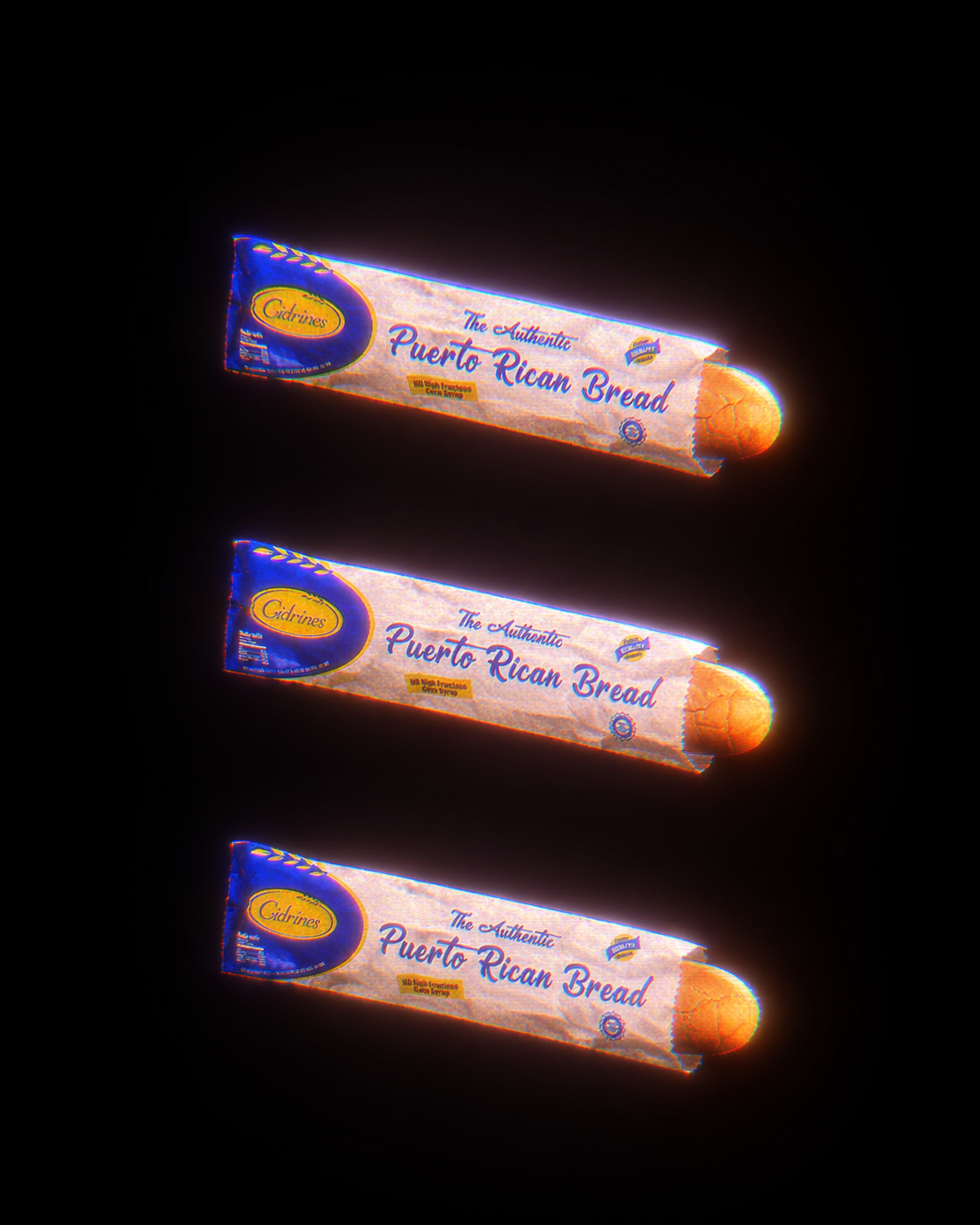 Cidrines Puerto Rican Bread loaves in plastic packaging, glowing on black