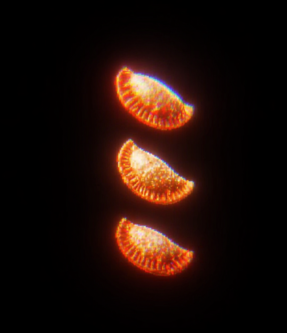 Empanadillas, three half-moon turnovers glowing on black